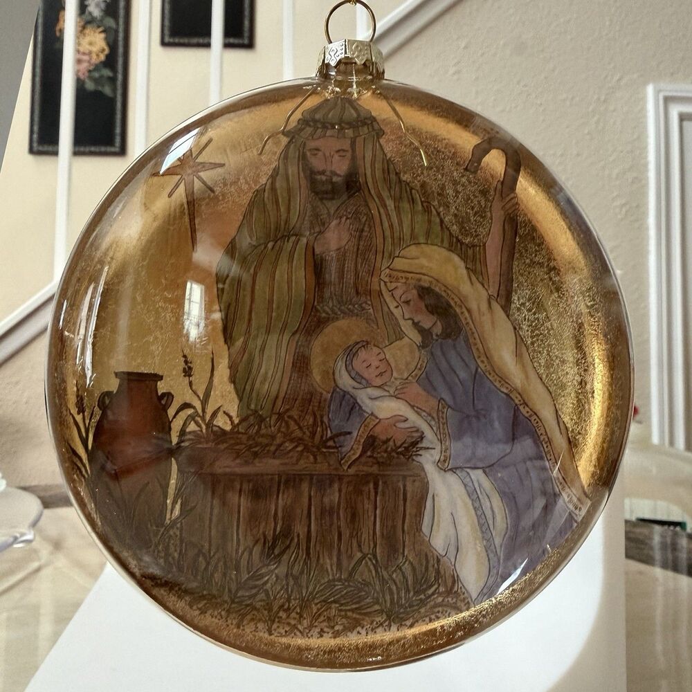 Large Flattened Round Glass Nativity Christmas Ornament Holy Family Gold 5”